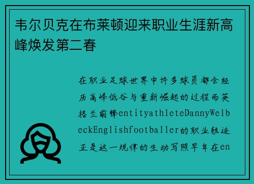 韦尔贝克在布莱顿迎来职业生涯新高峰焕发第二春 韦尔贝克在布莱顿迎来职业生涯新高峰焕发第二春